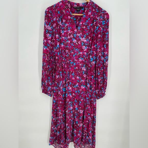 Maggy London Dress Floral Modi Split Neck Elastic Cuff Sleeve Asymmetrical 4 - Picture 1 of 10